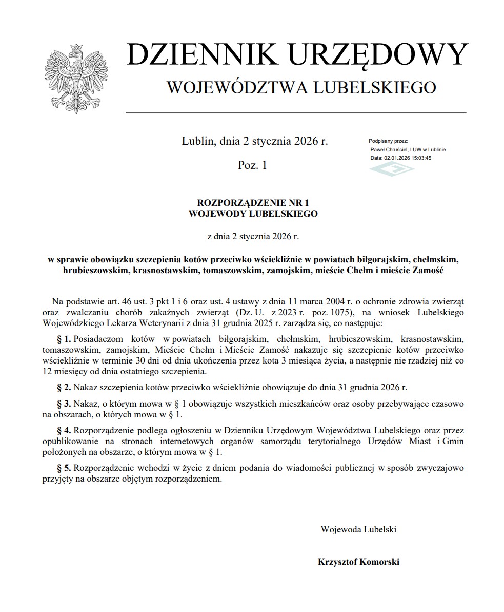 ROZPORZĄDZENIE NR 1 WOJEWODY LUBELSKIEGO z dnia 2 stycznia 2026 r.