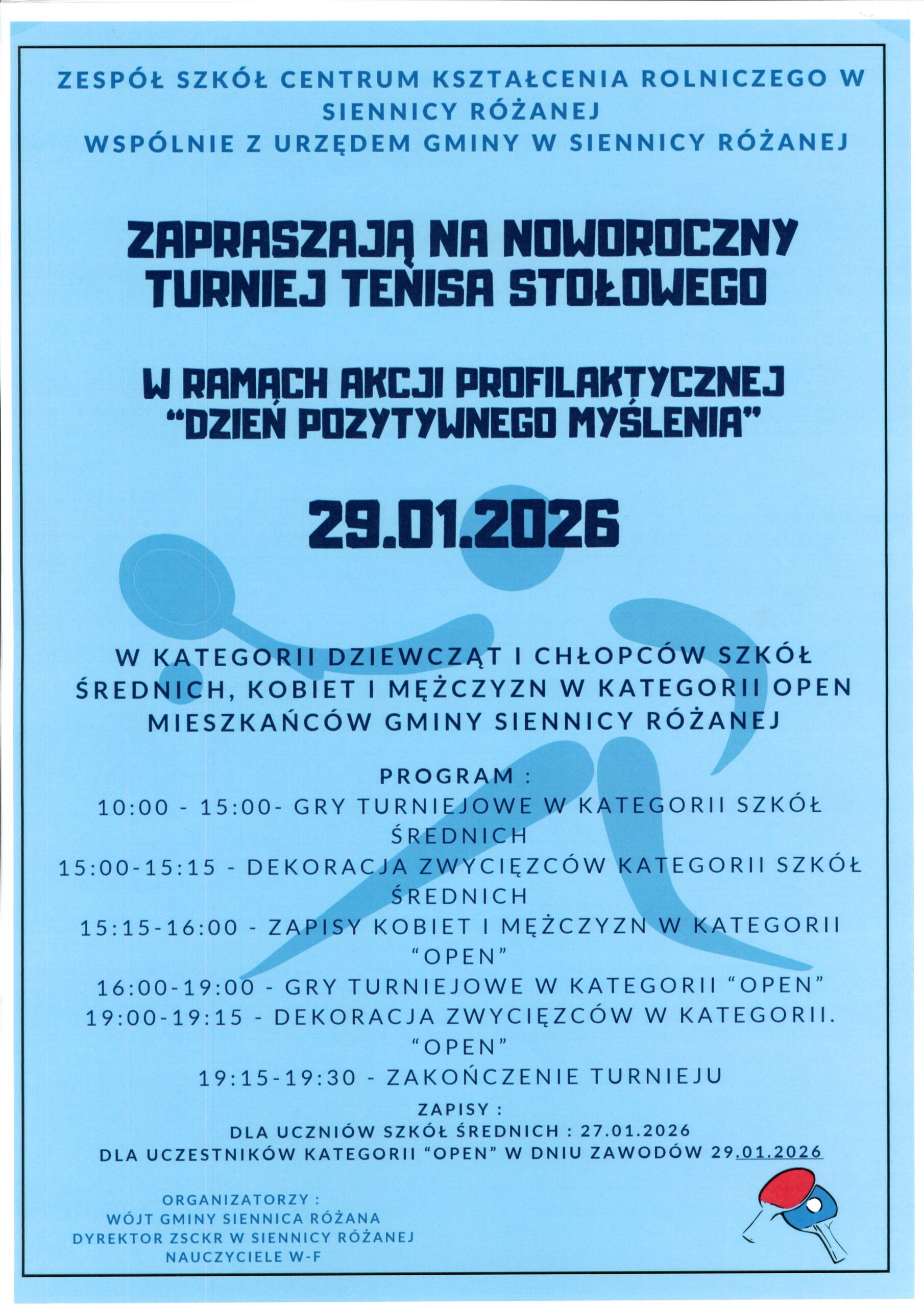 Turniej tenisa stołowego dnia 29.01.2026 w Zespół Szkół Centrum Kształcenia Rolniczego w Siennicy Różanej